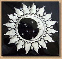 Artisan surfaces produces custom etched and engraved tile such as this Sun-Moon design from one of our talented artisans, Chuck Ellis.